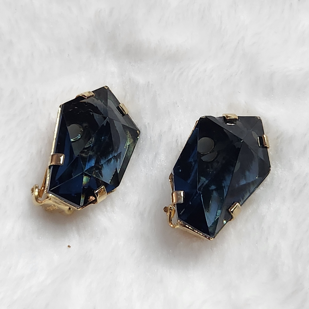 Austria Vintage 70s Art Deco Style Large Blue Stone Gold Clip On Earrings 58$